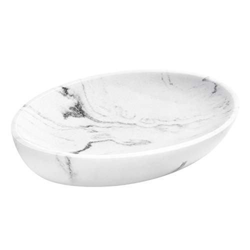 Lewondr Soap Dish Marble Look Soap Tray Resin and Grit Soap Holder for Shower Bathroom Kitchen Sink Soap Sponge Box for Bathroom Shower Kitchen Sink Dry and Clean Oval - White