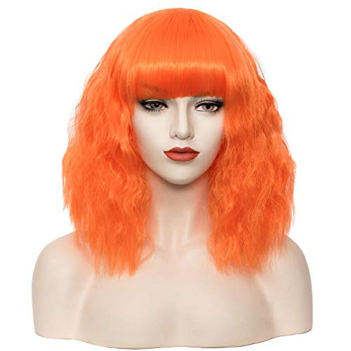 WTHCOS Orange Wig Short Curly Wig with Bangs Orange Wigs Short Wavy Wig Synthetic Wigs for Women Cosplay Party Wig with Wig Cap
