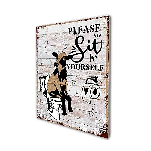 akeke Please Seat Yourself Funny Bathroom Quote Sign Cow Retro Farmhouse Wood Wall Art Decor Gift Idea for Friend Family Office-Home Guest Bathroom