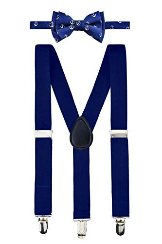 Retreez Boy's Suspender Bow Tie Set with Classic Anchor Pattern Woven Microfiber Pre-tied Boy's Bow Tie - Navy Blue Bow Tie with Navy Blue Suspender - 24 months - 4 years