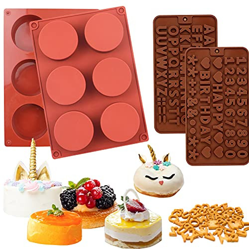 2Pcs Round Cylinder Candy Molds with 1 Pc Letter Mold and 1 Pc Number Chocolate Mold Round Cylinder Chocolate Cover Cookie Mold for Sandwich Cookies Muffin Cupcake Brownie Cake Pudding Jello