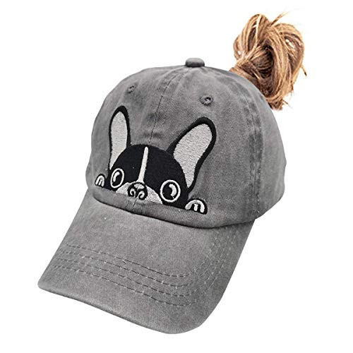 Waldeal Women's Embroidered Boston Terrier Ponytail Hat Adjustable Washed Baseball Cap Grey