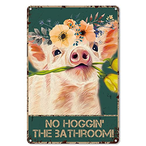 ForbiddenPaper Funny Bathroom Quote Metal Tin Sign Wall Decor - Vintage Pig Foral Crown Tin Sign for Toilet Bathroom WC Washroom Decor Gifts - Farmhouse Decor Gifts for Women Men Friends - 8x12 Inch