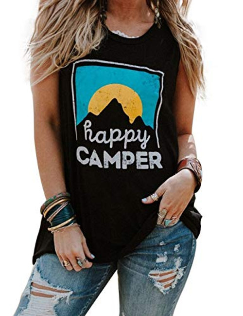 GOCHIC Happy Camper Tank Top Women Graphic Tee Sleeveless Shirts Casual Summer Mountain Sunrise T-Shirt Black Medium