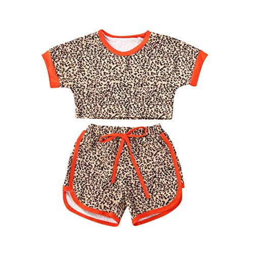 Toddler Kids Baby Girl Summer Outfits Short Sleeve T Shirt Top Leopard Shorts Pants Clothes Set -Orange-Cheetah Print 1-2T-