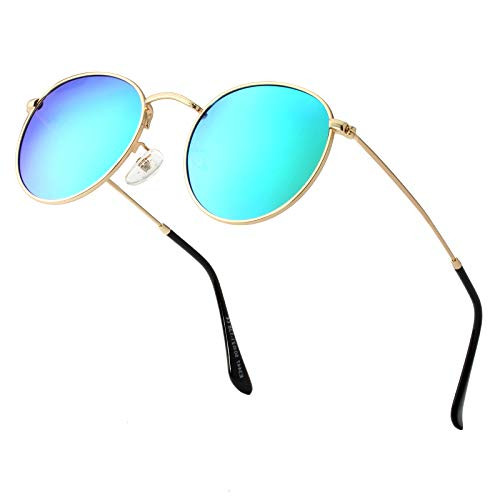 Small Round Polarized Sunglasses for Women Men Circle Metal Frame Sun Glasses with UV Protection-Gold Frame-Green Mirrored-