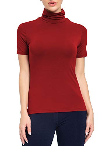 Short Sleeve Mock Turtleneck Stretch Slim T Shirt Layer Top Dark Red Medium