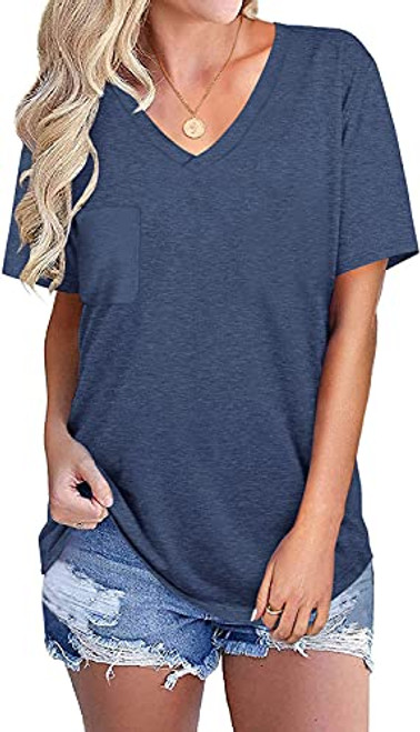 APOFER Women's Solid Color V Neck Short Sleeve T-Shirts Summer Basic Tee Shirts Navy Blue