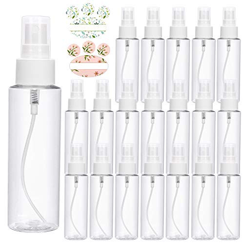 20 Pack 3.4 oz 100 ML Clear Plastic Spray Bottles with Black Fine Mist Sprayer.Refillable  and  Reusable Travel Bottles for Essential OilsPerfumesCleaning ProductsAromatherapy.24 Labels as gift.