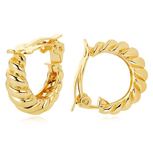 FAMARINE Twisted Hoop Clip on Earrings for Women 14K Gold Plated Hoops Threaded Croissant Chunky Clip Earrings Hypoallergenic Earrings for Girls FAMARINE Twisted Hoop Clip on Earrings for Women 14K Gold Plated Hoops Threaded Croissant Chunky Clip Earrings Hypoallergenic Earrings for Girls