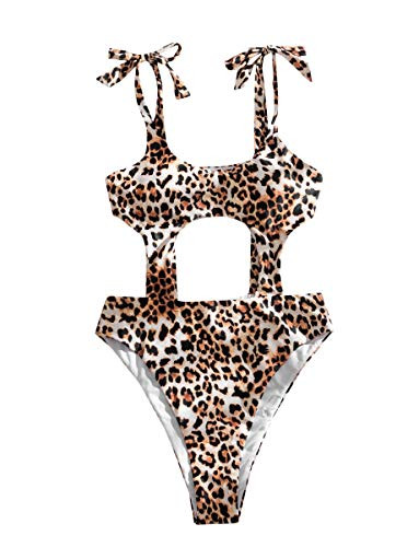 Romwe Women's Leopard One Piece Swimsuit Cutout Tie Strap High Cut Monokini Bathing Suit Brown M
