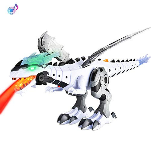 Funkprofi Mechanical Walking Dinosaur for Kids Robot Mist Spray Dinosaur Toy with Red Light  and  Realistic Sounds Fire Breathing Water Spray Mist Dragon Toy with Movable Wing Tail White  and  Grey