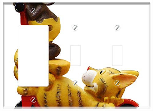 3-Gang 1-Rocker-GFCI 2-Toggle Combination Wall Plate Cover - Figures Mouse Cat Roller Funny Cute Fun Isolated