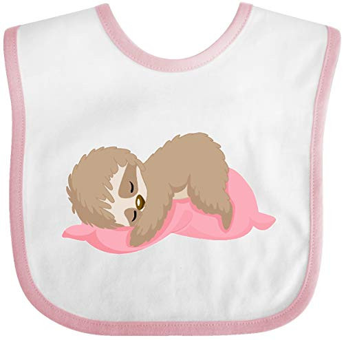 Inktastic Cute Baby Sloth Sleeping on Pink Pillow Baby Bib White and Pink 3a38a