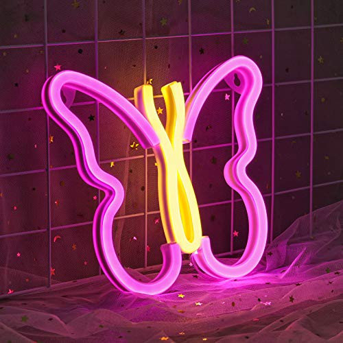 ifreelife Butterfly Neon Signs LED Night Light USB Charging-Battery Operated Neon Wall Lights Neon Decorative Lights for Home Bedroom Bar-Christmas-Wedding-Birthday Party -Pink-Yellow-