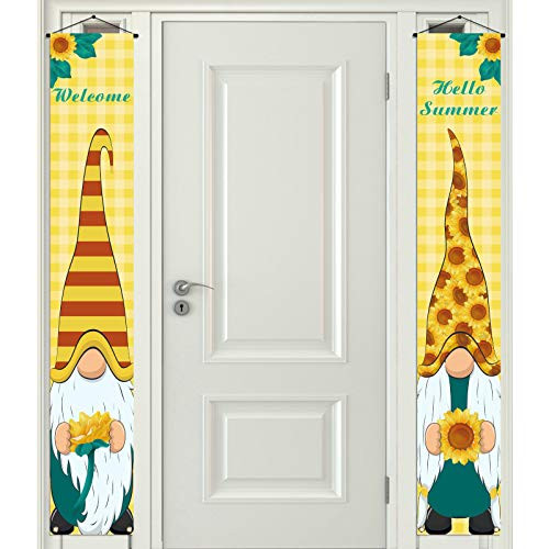 Pudodo Sunflower Gnome Porch Banner Welcome Hello Summer Buffalo Check Plaid Front Door Sign Wall Hanging Banner Party Decoration