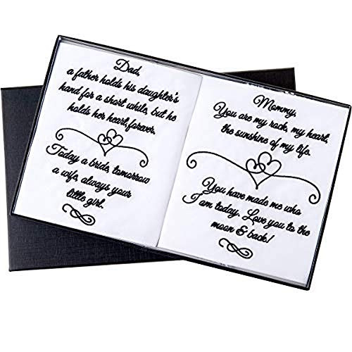 Premium Mom and Dad Embroidered Wedding Day Handkerchiefs for Parents - Mother and Father of the Bride Keepsake Gift - Black Embroidery