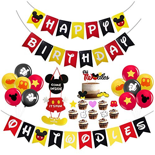 Mickey Mouse Second Birthday Party Suppies Mickey Mouse Door Sign Mickey Mouse Happy Birthday Banner Oh Twodles Banner Oh Twodles Cake Topper 12Pcs Latex Balloons for Baby Boy Girl 2nd Birthday Party Decorations.