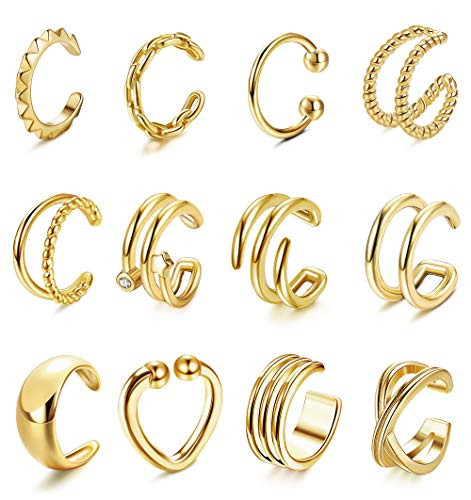 FIBO STEEL 18K Gold Plated Ear Cuffs for Women Non Pierced Ears Huggie Cuff Earrings Clip On Cartilage 12Pcs