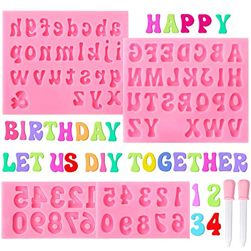 4 Pieces Silicone Letter Molds and Number Molds Small Fondant Letters Mold 0-9 Number Uppercase lowercase Moulds for Chocolate Candies Ice Cube Tray Diy Baking Cake Decoration mold with 2 Dropper