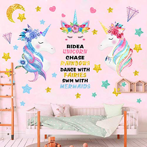 3 Sheets Large Size Unicorn Wall Decals Removable Unicorn Wall Decor Stickers for Girls Kids Bedroom Nursery Birthday Party Favor -3 PCS-
