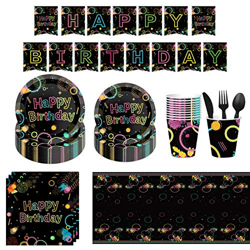 Black Birthday Party Tableware 114Pcs Birthday Party Supplies Set Includes Happy Birthday Banner Plates Napkins Cups Forks Knives Spoons Tablecloth for Birthday Theme Party Decorations -Serves 16-