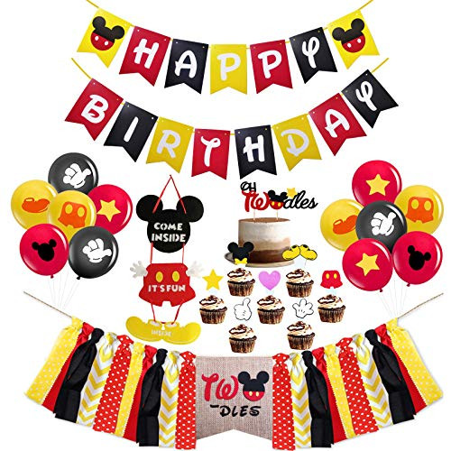 Mickey Mouse 2nd Birthday Party Suppies Mickey Mouse Happy Birthday Banner Twodles Highchair Banner Oh Twodles Cake Topper 12Pcs Latex Balloons for Baby Boy Girl 2nd Birthday Party Decorations.