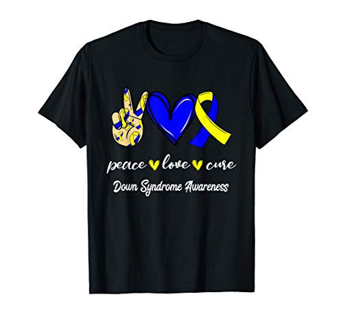Peace Love Cure Yellow and Blue Ribbon Down Syndrome Awareness T-Shirt Peace Love Cure Yellow and Blue Ribbon Down Syndrome Awareness T-Shirt