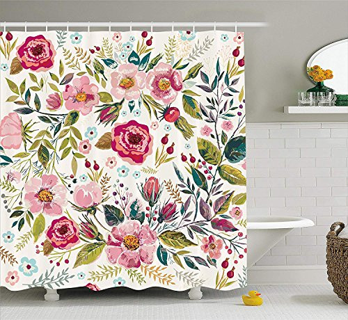 Ambesonne Floral Shower Curtain by, Shabby Chic Flowers Roses Pedals Dots Leaves Buds Spring Season Theme Image Artwork, Fabric Bathroom Decor Set with Hooks, 75 Inches Long, Multicolor Ambesonne Floral Shower Curtain by, Shabby Chic Flowers Roses Pedals Dots Leaves Buds Spring Season Theme Image Artwork, Fabric Bathroom Decor Set with Hooks, 75 Inches Long, Multicolor