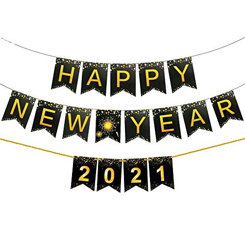 Happy New Year Banner 2021 for NYE Decorations 2021 - Black and Gold - New Years Eve Party Supplies 2021 - Happy New Year Sign for Happy New Year Decorations 2021