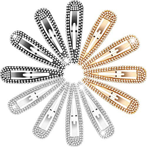 12 Pieces Rhinestone Snap Hairpin Crystal Metal Hair Clip Glitter Shining Snap Hair Barrette Rhinestone Hair Barrettes Water Drop Hairpins Headwear Hair Accessories -Basic Colors8 cm-