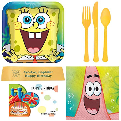 SpongeBob Birthday Party Supplies Bundle - Including Plates Napkins Utensils and Bonus Printed Ribbon
