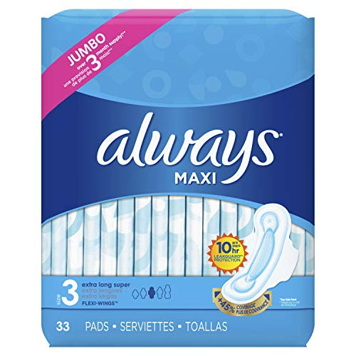 Always Maxi Size 3 Feminine Pads with Wings Extra Long Super Absorbency Unscented 33 Count