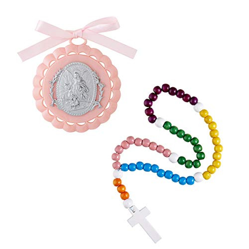 Needzo Baptism Gift Set for Babies Guardian Angel Crib Medal with Colorful Wood Rosary -Pink- Needzo Baptism Gift Set for Babies Guardian Angel Crib Medal with Colorful Wood Rosary -Pink-