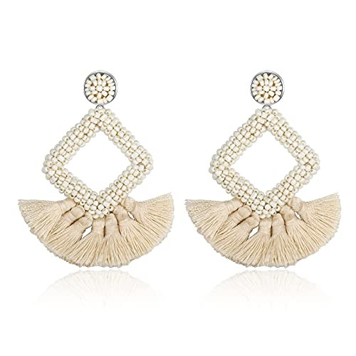 Women's Beaded Tassel Earrings Statement Fringe Drop Bohemian Earrings Geometric Dangle for Women Women's Beaded Tassel Earrings Statement Fringe Drop Bohemian Earrings Geometric Dangle for Women