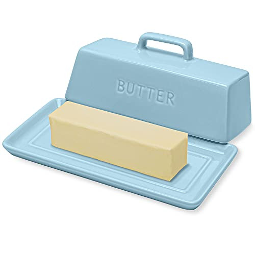 PriorityChef Ceramic Butter Dish with Lid for Countertop Butter Keeper for Counter or Fridge Covered Butter Tray Holder For Butter Storage Holds 1 Stick Light Blue