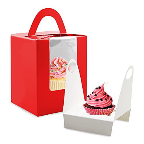 Cupcake Boxes 30 Pcs Single Cupcake Boxes Individual Cupcake Containers Muffins Cupcake Carriers Kraft Pastry Containers with Insert and Window  and  Handle for Wedding Birthday Parties -Red-