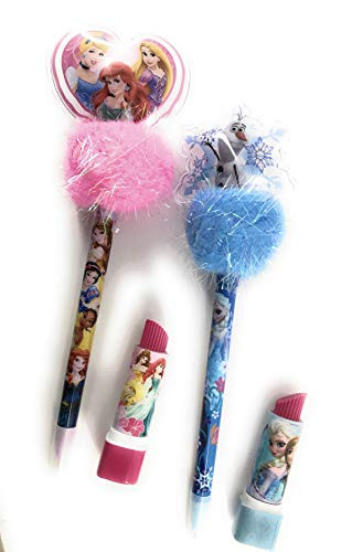 Frozen & Princess Pom Pom Pen and Lipstick Eraser Bundle - 4 pack 2 of each