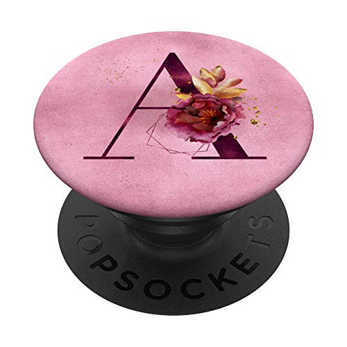 Burgundy floral initial letter A monogram on pink background PopSockets PopGrip- Swappable Grip for Phones  and  Tablets
