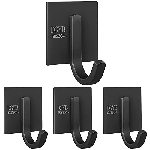 DGYB Bath Towel Adhesive Hooks Robe Hook Holder Wall Mount Heavy Duty Wall SUS 304 Stainless Steel Coat Hook Closet Door for Bathroom Bedroom Hotel Kitchen Garage Pool 4 Pack -J Matte Black-