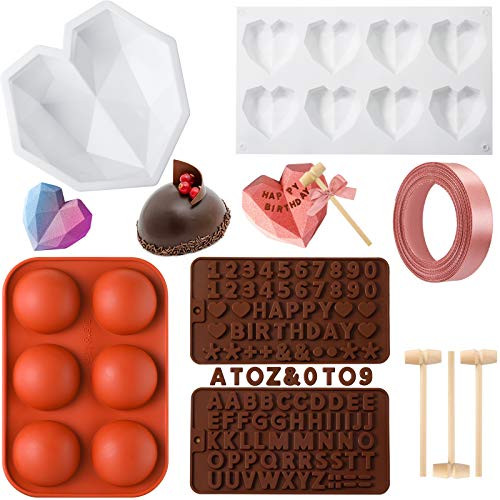 5 Pieces Silicone Chocolate Cake Molds 3D Diamond Heart Mold Silicone Semi Sphere Mold Cookie Mold Letter Number Mold with Ribbon Mini Wooden Hammer for Dessert Cake Candy Hot Chocolate Bomb 5 Pieces Silicone Chocolate Cake Molds 3D Diamond Heart Mold Silicone Semi Sphere Mold Cookie Mold Letter Number Mold with Ribbon Mini Wooden Hammer for Dessert Cake Candy Hot Chocolate Bomb