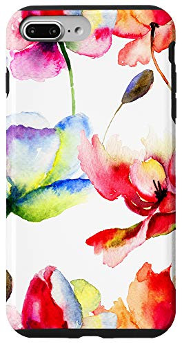 iPhone 7 Plus-8 Plus Red Orange and Blue Poppies Tulips Watercolor Paint Pattern Case