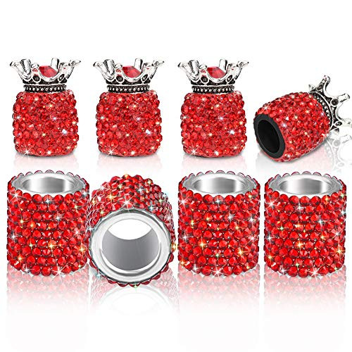 OTOSTAR 8 Pack Bling Car Accessories Set Universal Bling Crystal Crown Vehicle Bicycle Tire Valve Stem Caps Bling Crystal Car Seat Headrest Collars Rings -Red-