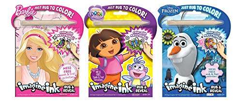 Bundle of 3 Imagine Ink Rub & Reveal Activity Books - Barbie, Dora the Explorer, and Frozen