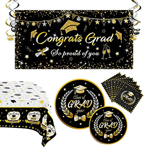 Graduation Decorations 2021 Graduation Party Supplies Includes Gaduation Plates Graduation Napkins Tablecloth Banner and Hanging Swirls-Black-