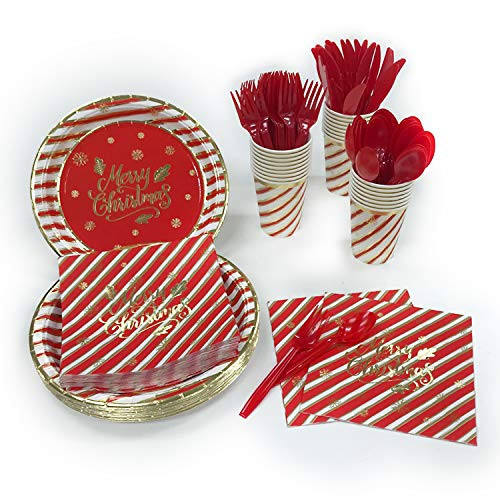 Christmas Party Set for 24 Guests Includes Plates Napkins Cups and Cutlery -Serves 24 144 Pieces- for Holiday Party Supplies