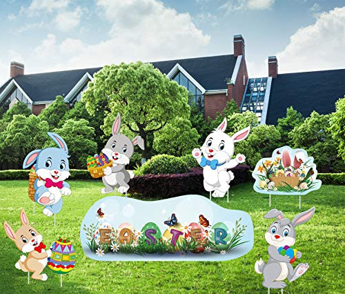 7 Pieces Easter Yard Signs Outdoor Decorations-BunnyChick and Eggs Yard Stake Signs Easter Lawn Yard Decorations for Easter Party Supplies Props Home Garden Décor