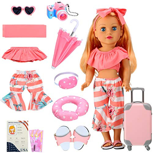 Skylety 11 Pieces Doll Travel Play Set Doll Clothes and Accessories Including Doll Travel Carrier Sunglasses Camera Sunshade Travel Pillow Blindfold Passport Plane Ticket for 18 Inch Doll