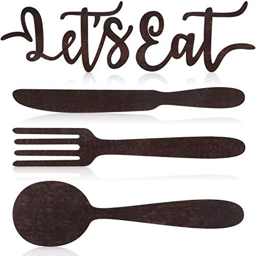 Yerliker 5 Pieces Let's Eat Sign Wooden Fork Spoon Knife Sign Wall Decor Rustic Cutout Eat Kitchen Decor for Home Dining Living Room Bar Cafe Restaurant -Brown-