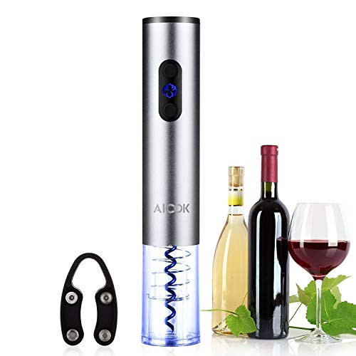 Aicok Wine Opener, Wine Bottle Opener, Stainless Steel Electric Corkscrew, Battery Powered Cordless Wine Opener Kit with Foil Cutter, Silver